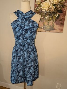 See By Chloe Silk Light Blue and Navy Palm-Print Halter Style Dress